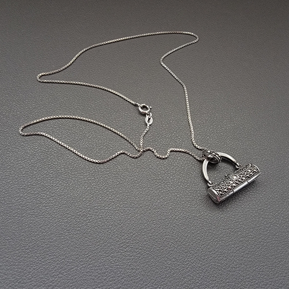 925 Marcasite Purse Pendant Necklace | 925 Italy Chain | Hinged Openwork Design - Picture 2 of 8